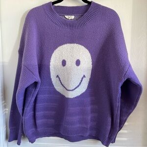 Easel Always Happy Purple Smiley Face Crew Neck Sweater  Size Large